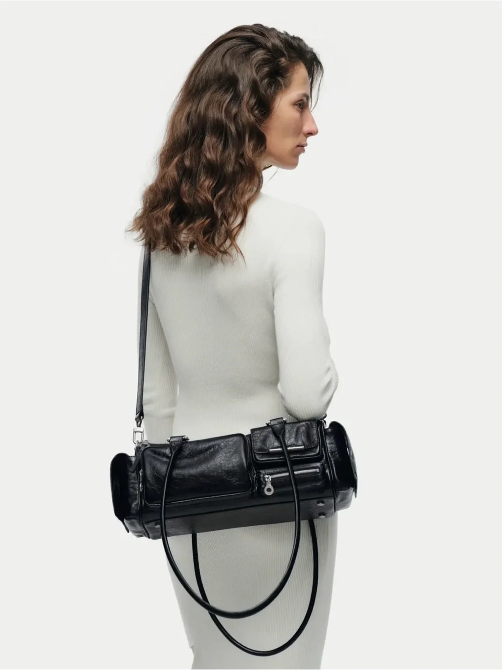 Black Leather Shoulder Bag with Multiple Front Pockets